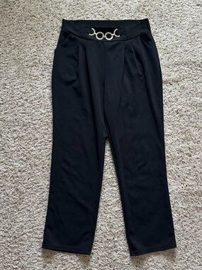 Mia Rose Women’s Fashion Casual Pants Gold Chain Detail Pleated Black Pants XL
